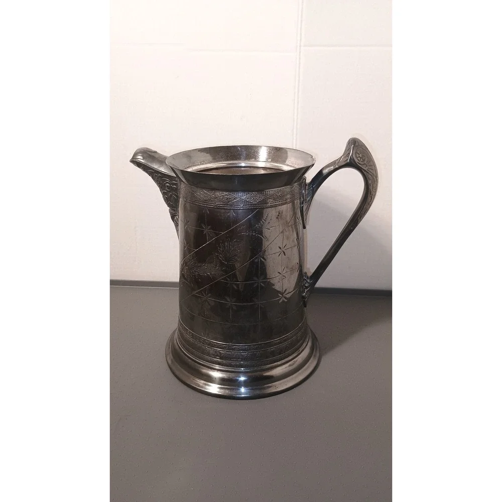 Benedict Rogers Silver Co Pitcher Antique 8.5in Silver Plated Etched Floral BRC2